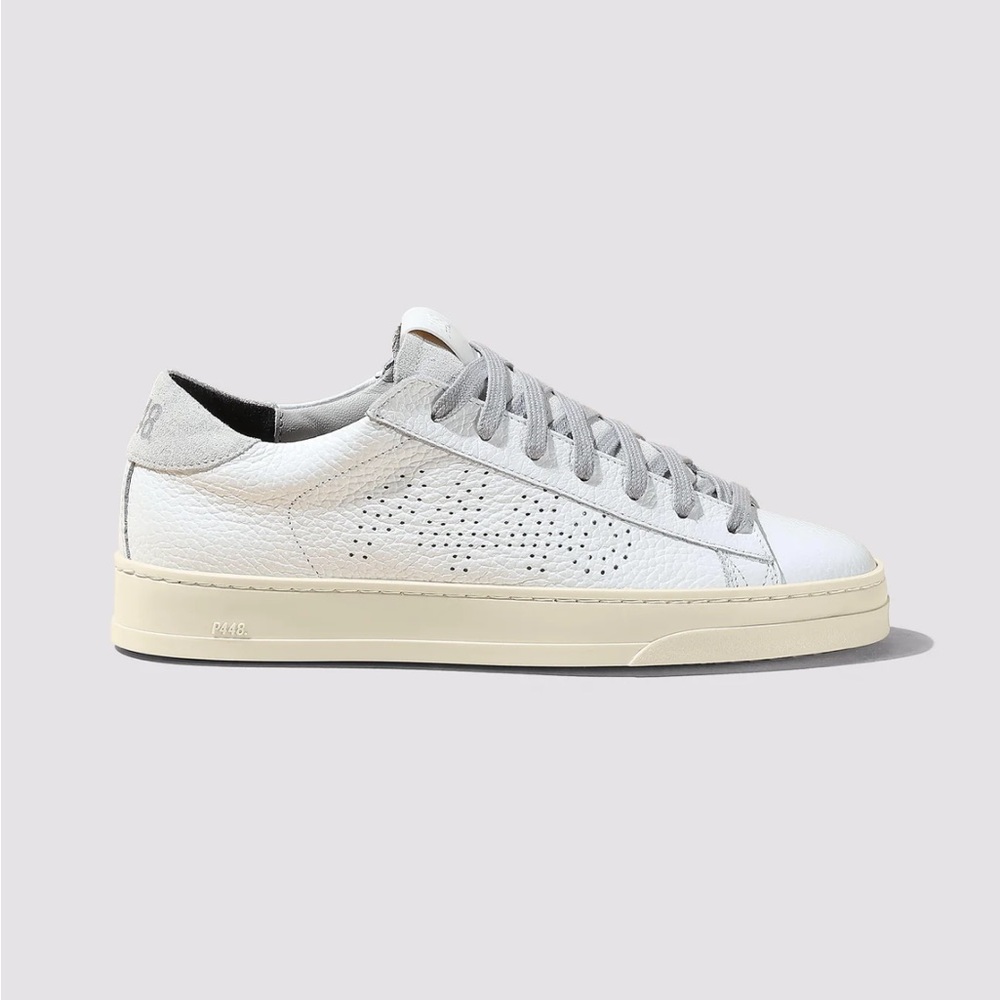 P448 Jack All White, the white pebbled leather upper and off-white suede tongue
